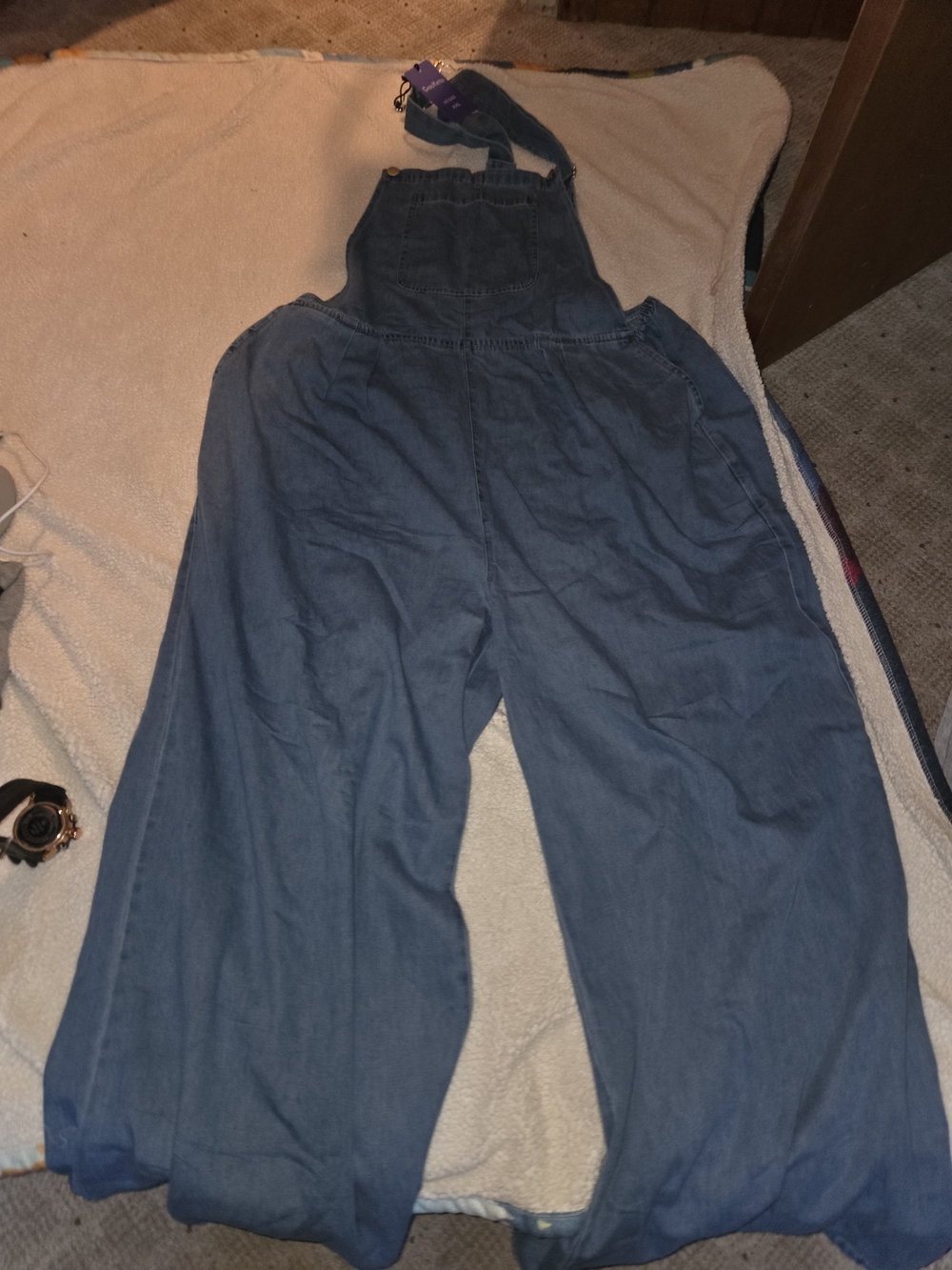 Wide Leg Denim Overalls - Blue